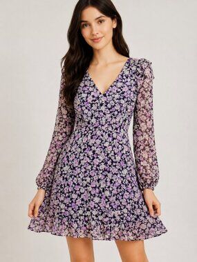 Vero Moda Floral Babydoll Mini Dress Long Sheer Sleeves V-Neck Ruffle Hem NWT